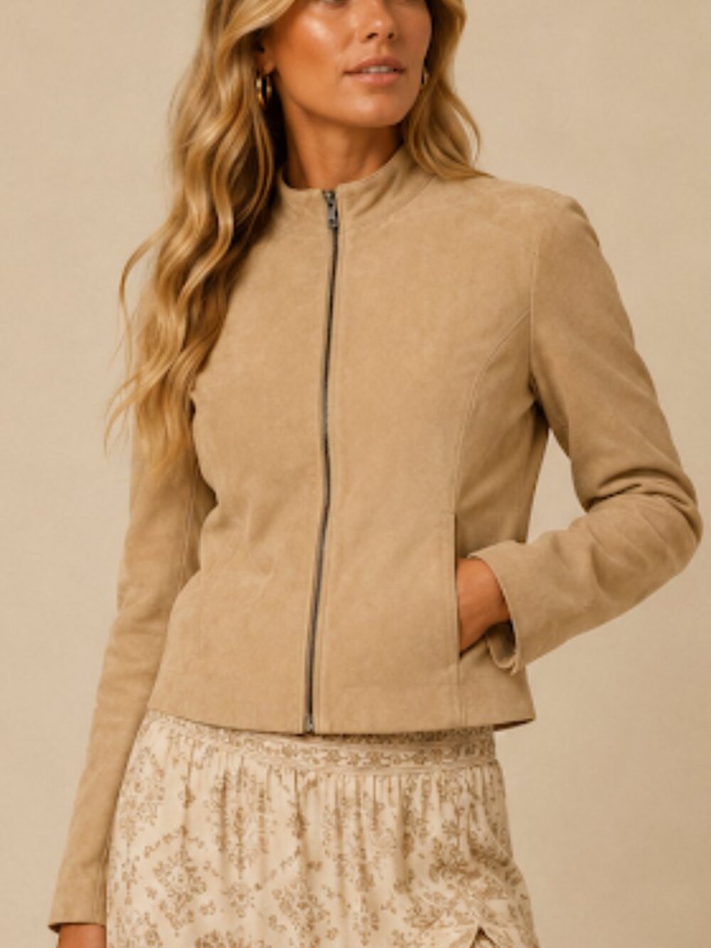 Vince Tan Suede Lamb Leather Moto Jacket Womens Size 4 Zip Front
